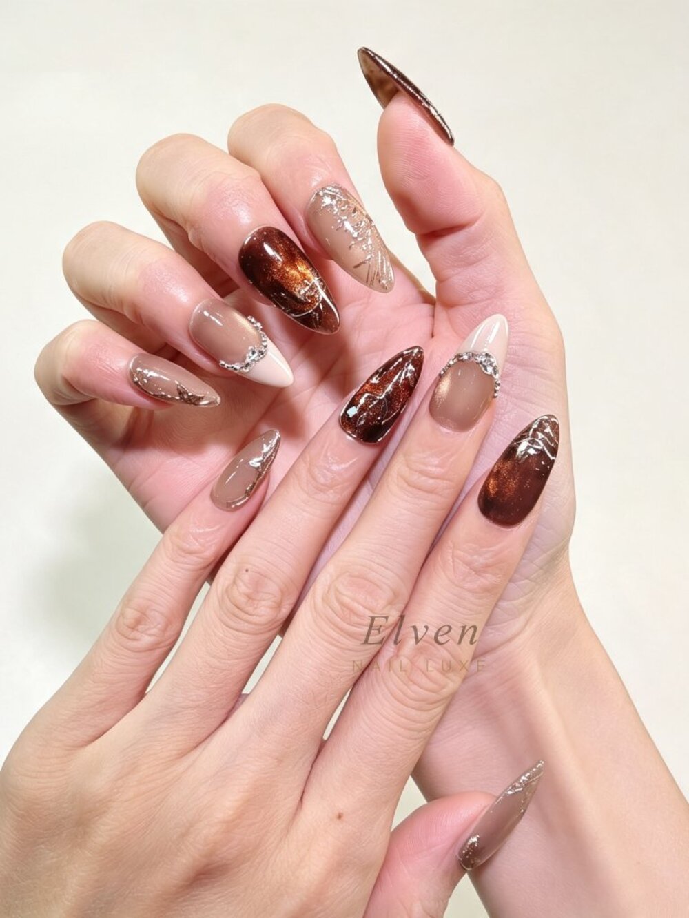 Brown Marble & Nude Cat Eye White French Tips Handmade Almond Press On Nails